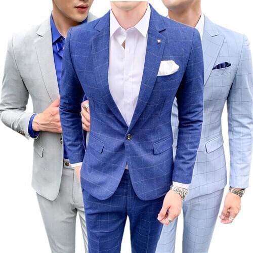 Large Size Men Striped Grid Blazer Coat and Pant Slim Fit Male Two Piece Set Business Casual Blue Gray Red Black