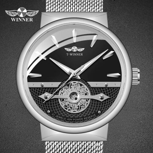 Winner Men Fashion Mechanical Watch Business Slim Hollow Black Automatic Movt Waterproof Steel Mesh Band Clock Relogio Masculino