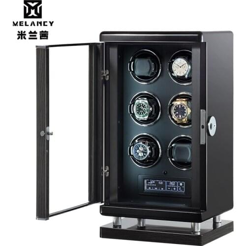 6 Watches Winder Black Wood Auto Self Wind Mechanical Men Watch Storage Fingerprint Plug Holder Touch Screen Cabinet Case