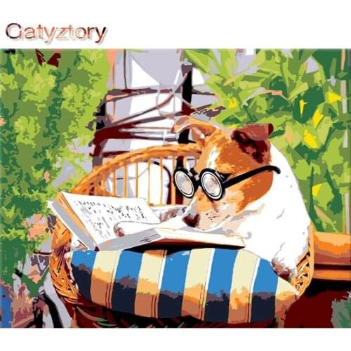 GATYZTORY Frame Dog Reading Animals DIY Painting By Numbers Kit Modern Wall Art Picture Canvas Painting For Home Decor