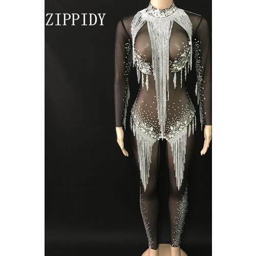 Bright Silver Rhinestones Tassel Jumpsuit Crystals Black Mesh Bodysuit Womens Celebrate Luxurious Costume See Through Clothes