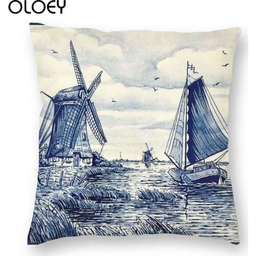 45x45cm Dutch Blue Delft Vintage Sailboat Windmills Print Square Pillow Case Polyester Cushions for Sofa Creative Pillowcase