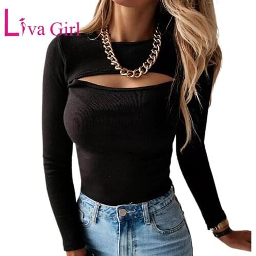 LIVA GIRL Sexy Chest Hollow Woman Long Sleeve Ribbed Tops Female Solid O-Neck Slim Pullovers Plus Size Bodycon Tshirt S-XXXL