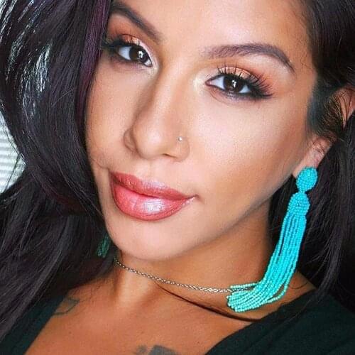 MANILAI Bohemian Beaded Earrings Light Blue Shade Statement Long Resins Beads Tassel Dangle Earrings Handmade Fashion Jewelry