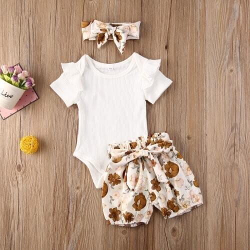 2020 Fashion Baby Girls Clothes Short Sleeve Solid Short Sleeve Romper Tops+Flower Short Pants +Headband Summer 3PCS Outfits Set