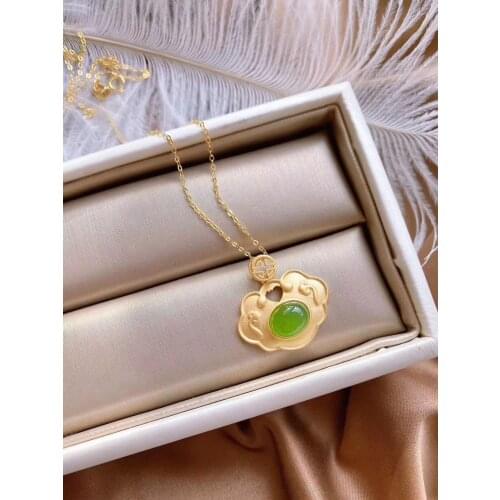 Natural Green Hetian Jade Lock Pendant 925 Silver Necklace Chinese Jadeite Amulet Fashion Charm Jewelry Gifts for Women Her
