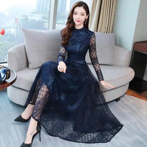 2021 spring and summer long-sleeved solid color hollow dress new fashion womens lace summer dress womens dress