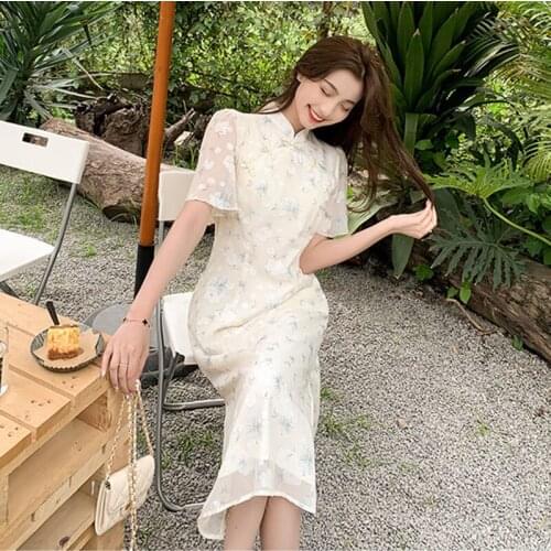 Cheongsam Dress Women 2021Summer New Stand-Up Collar Slim French First Love Floral Dresses Mujer Feminina Vestidos B1031