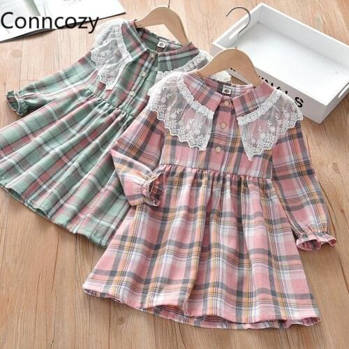 Girls Dress Kids Lace Plaid Shirt Dresses Casul Lapel Korean Princess Dress New Spring Autumn Dresses for Girls Clothes 2-10Y