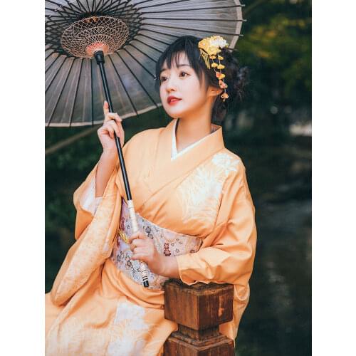Japan Style Womens Traditional Kimono Yellow Color Beautiful Prints Yukata Bathrobe Cosplay Clothing Photography Dress