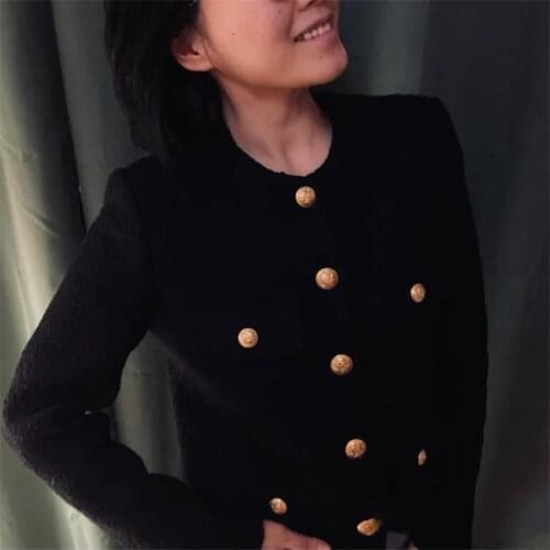 Runway Black Tweed Golden Luxury Single-Breasted Short Jacket 2021 Spring Autumn New O-Neck Loose Crop Top Women Clothes
