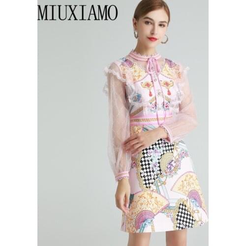MIUXIMAO 2021 Spring Summer Diamonds Fan Flower Print Lace Ruffles Full Sleeve Holiday Slim Elegant Midi Dress Women Vestidos