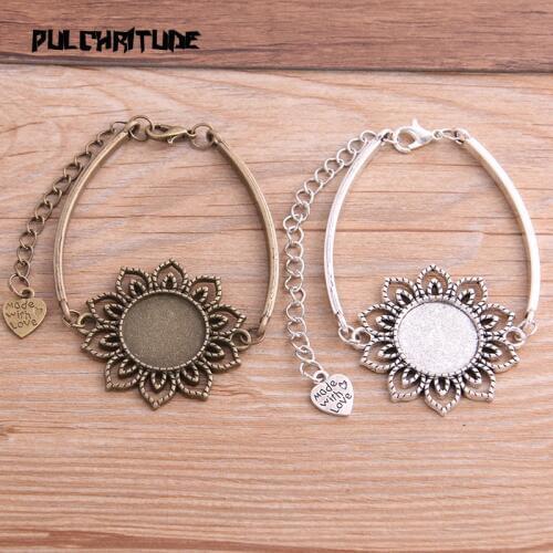 1pcs Two Color Zinc Alloy Blank Bracelet Settings 18mm Round Flower Cabochon Bangle Bezel Trays Diy Jewelry Base
