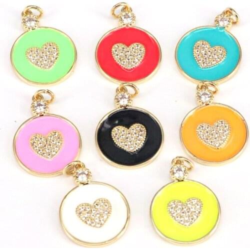 10Pcs, Gold filled Enamel Colorful Heart On Round Coin Pendant,CZ Micro Pave Enamel Pendant Jewelry
