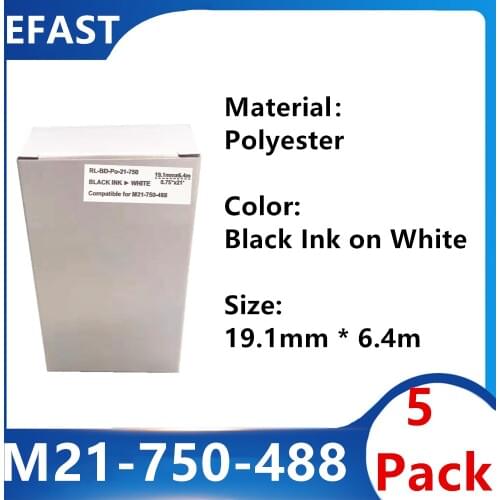5 Pack M21 750 488 Polyester Label Ribbon Black On white For BMP21 PLUS Printer M21-750-488 19.1mm * 6.4m
