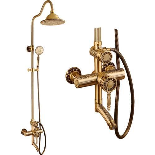 Antique Brass Bathroom Bath Shower Faucets Mixer Tap 8 Inch Rain Shower Head Arm Shower Set
