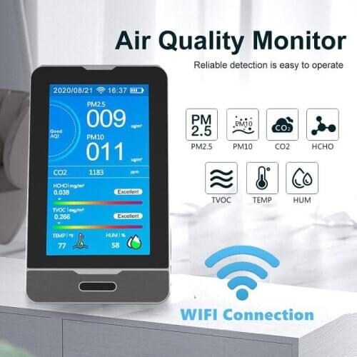 WIFI Connection Air Quality Detector PM2.5 PM1.0 PM10 HCHO TVOC Temperature Humidity Gas Analyzer Monitor with Alarm Buzzer