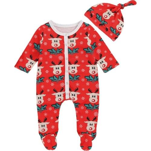 Pudcoco Baby Romper Hat Elk Cartoon Printed Single Breated Button Decorated Round Neck Full Length Regular Sleeve Clothing
