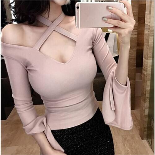 Women Sexy Solid Low Cut Off Shoulder Full Flare Sleeve Tees Female Teenage Girls Femmes T-Shirt