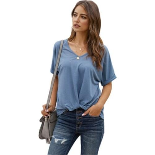 Women V-neck T-shirts Fashion Knot Summer Casual Loose Tops Female Simple Solid Colors Short Sleeve Knotted Ladies Slim Clothing