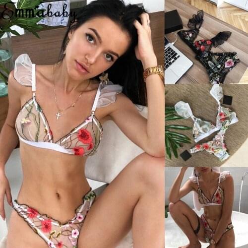 Sexy Women Lace Floral Lingerie Mesh Bra Sets Ladies Embroidery Underwear Bra Floral Wireless Sets