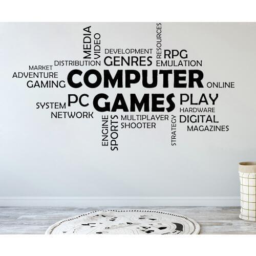 Computer Games Word Cloud Wall Vinyl Decal Boys Bedroom Decor Multiplayer Media Mural Decals Quotes Art Stickers Game Zone B418