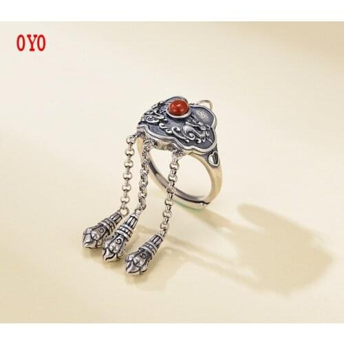 International Standard 925 Sterling Silver classic style old South Red Agate tassel female personality jade ring