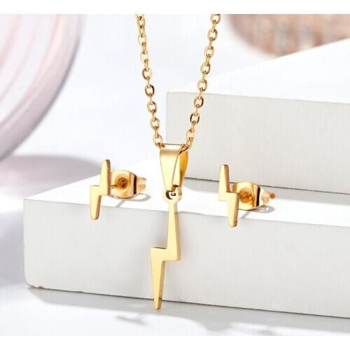 Lightning Stainless Steel Necklace Jewelry set ear stud For Women Protection Pendants Rose Golden Clavicle chain Girlfriend Gift