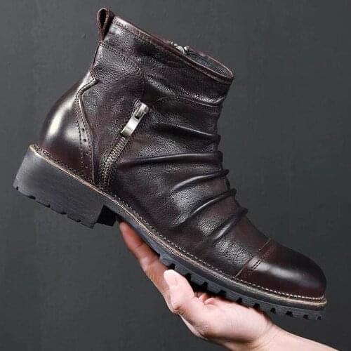 Retro mens casual shoes classic Chelsea boots side zipper cowboy boots mens high-top Martin boots ruffled black short boot men