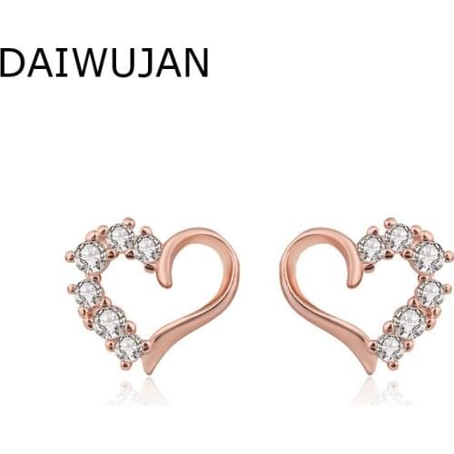 DAIWUJAN New Arrival Cute Hollow Heart Zircon Stud Earrings for Women Rose Gold 925 Sterling Silver Wedding Jewelry Brincos