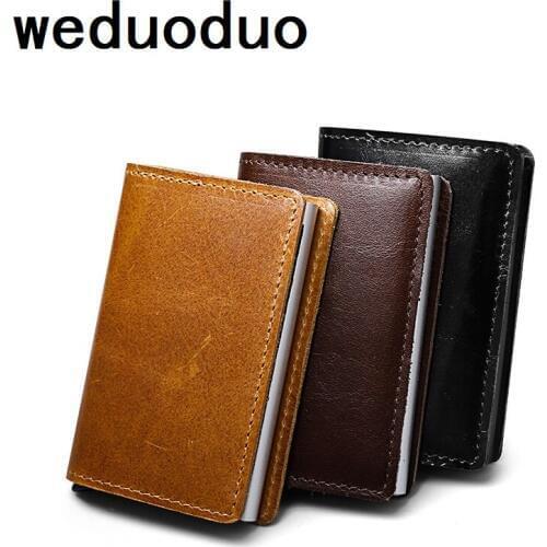 Weduoduo New Blocking Rfid Wallet Mini Genuine Leather Business Aluminium Credit Card Holder Purse Automatic Pop Up Card Case