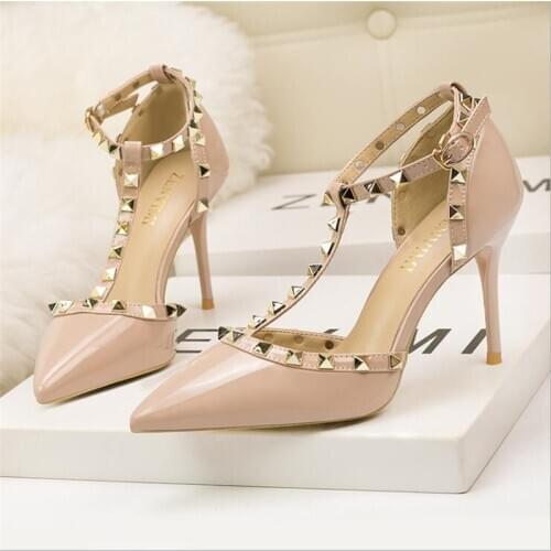 European and American sexy nightclub high heels, super high heels, pointed toe, rivets, hollow, nude sandals