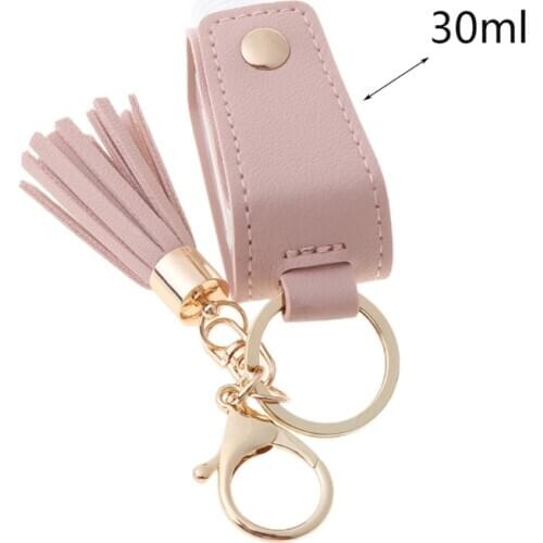 30ml Portable Empty Leakproof Plastic Travel Bottle for Hand Sanitizer with Tassels Leather Keychain Holder Carriers