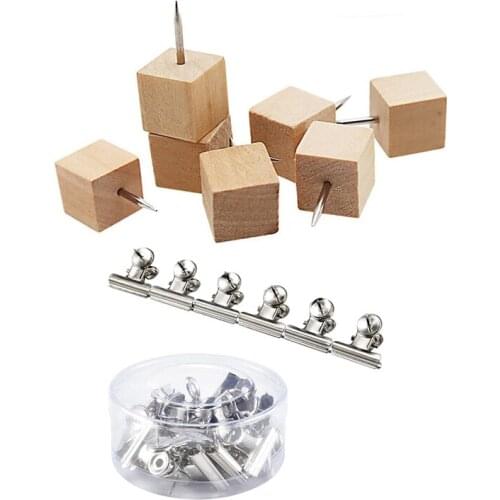 PPYY-20 Pieces Push Pins Clips Tacks Clips Thumb Clips Wall Clips with Pins & 60Pcs Square Wood Decorative Push Pins, Wood Head