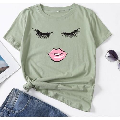 Eyelashes With Lips Eye Lash Woman T-Shirt Short Sleeve T-Shirts Summer Tops for Women Cotton Graphic Tee Female Shirt Clothes