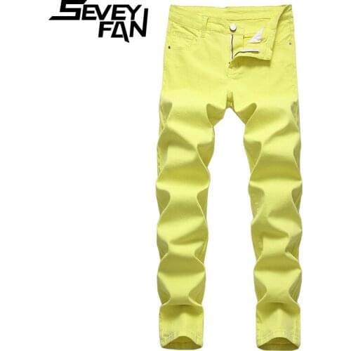 SEVEYFAN Mens Fashion Yellow Red Jeans Plus Size 42 Candy Colors Stretch Stragight fit Denim Pants for Male