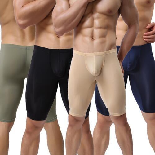 Men Long Boxer Shorts Ultra-thin Ice Silk Underwear Transparent Seamless Slip Homme Legging Shorts Gay Panties Boxershort Trunks
