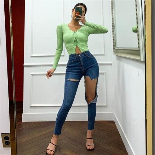 2020 Korean version of the high waist slim jeans womens dark blue big hole lifting hips tight skinny thin feet nine pants