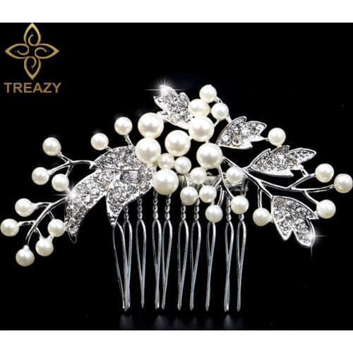 TREAZY Simulated Pearl Crystal Bridal Wedding Tiara Silver Color Bride Floral Hair Combs for Women Hair Jewelry Hair Accessories