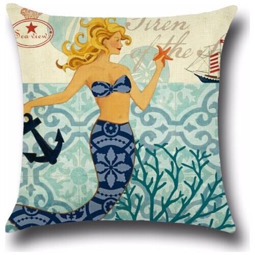 1PC Cartoon Mermaid Cotton Linen Pillowcase Pillow Cover Ocean Style Chair Seat Waist Square Cushion Cover Home Living OU 007