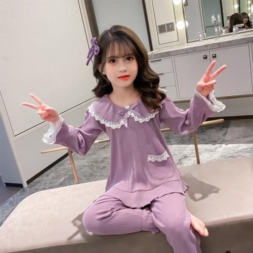 2 Piece Soft Cotton Pajamas For Girls Ruffle Butterfly Nightwear Children Leisure Home Clothing Children Weekend Home Wear