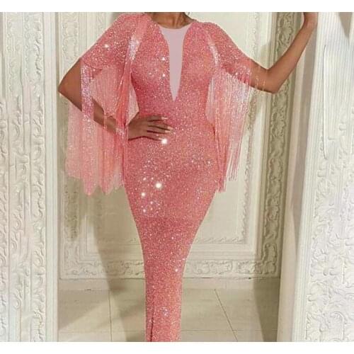 2021 Elegant Shinning Sequines Bodycon Long Dress Women Sexy Patchwork Tassel High Split Party Club Dresses Floor Length Vestido