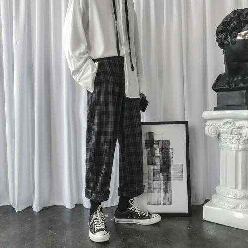 Winter Woolen Pants Men Fashion Retro Casual Plaid Trousers Man Streetwear Hip Hop Loose Drawstring Straight Pants Men M-2XL