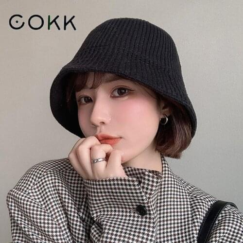 COKK Bucket Hat Women Winter Autumn Knitted Fisherman Cap Solid Color Simple Bucket Hats Female Casual Korean New Gorro