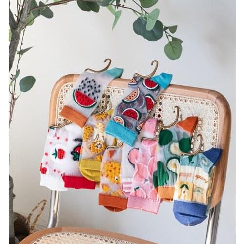 Long Socks Women Breathable Elasticity Lace Silk Socks Soft Glass Silk Socks Casual All-Match Fashion Fruit Print Harajuku Cheap