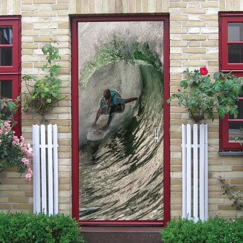 Sea Surfer Door Stickers Home Decoration Bedroom Bathroom Living Room Decoration Waterproof Two-Piece Set Wall Art Sea Wave