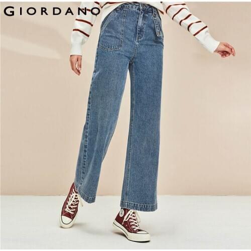 Giordano Women Jenas Cotton Asymmetrical High Waist Jeans Wide Leg Button Closure Zip Fly Pantalon Jean Femme 93410608