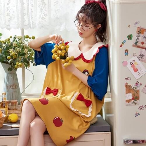 Kawaii Japanese Style Yellow Patchwork Nightdress For Women Cartoon Cute Nightdress Cotton Short Sleeve Womens Summer Sleepwear
