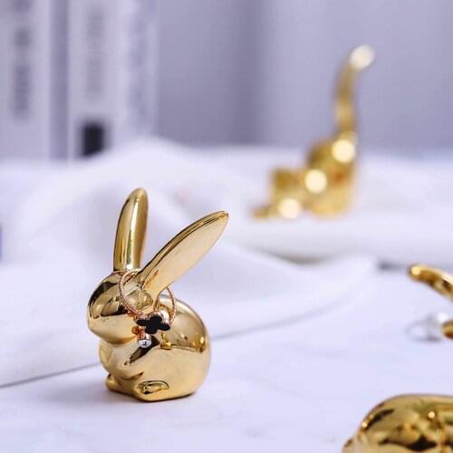Ceramic Cute Gold White Rabbit Fox Figurines Porcelain Table Home Decoration Gift Modern Statue Jewelry Rack Furnishings DHYN01