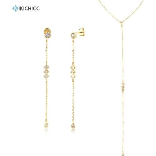 KIKICHICC 925 Sterling Silver Gold Mid long Necklace PIRAMIDE Long Earrings VERTICE Crystal CZ Fine Jewelry Set Wedding Gift